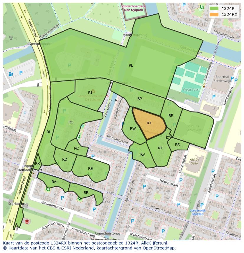 Afbeelding van het postcodegebied 1324 RX op de kaart.