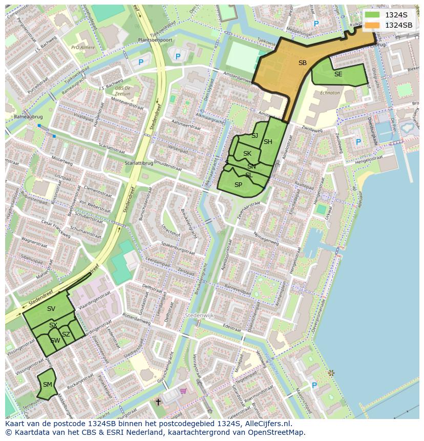 Afbeelding van het postcodegebied 1324 SB op de kaart.