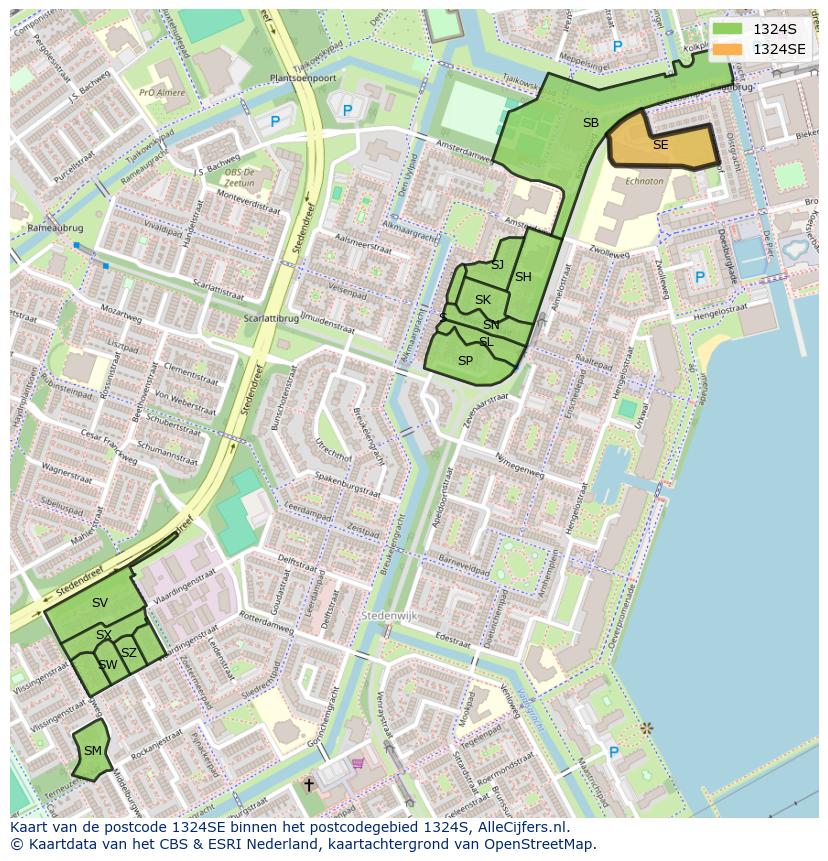 Afbeelding van het postcodegebied 1324 SE op de kaart.