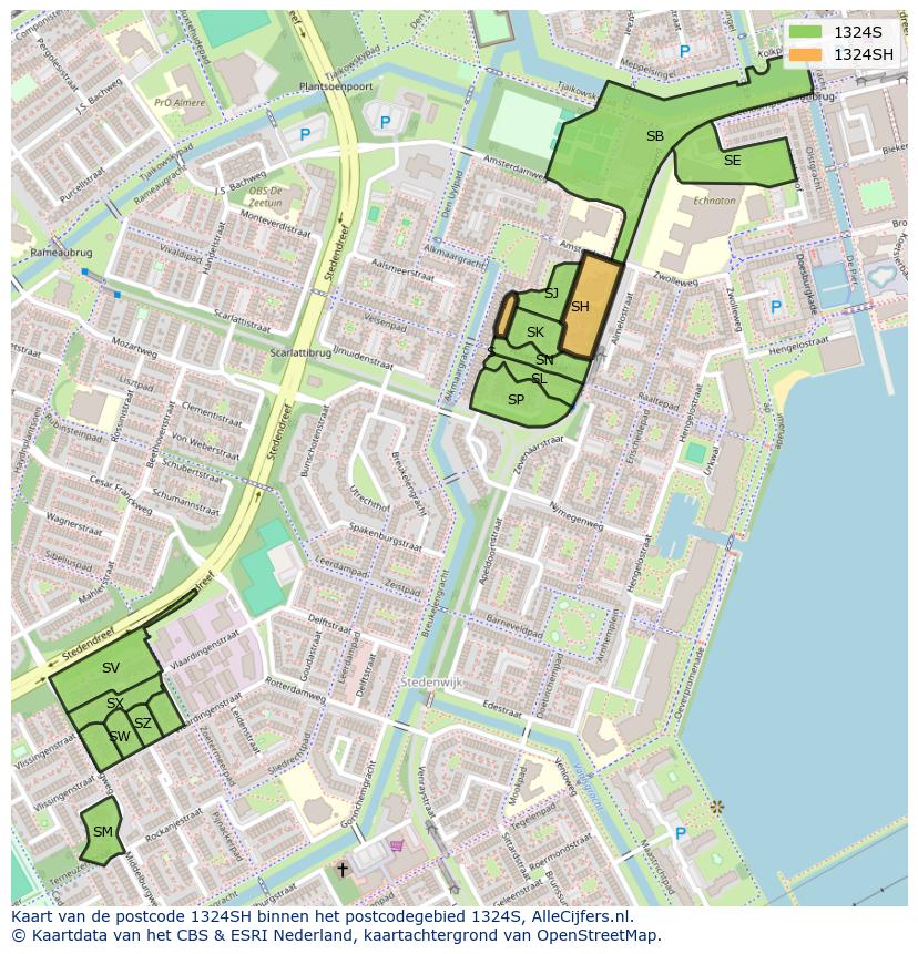 Afbeelding van het postcodegebied 1324 SH op de kaart.