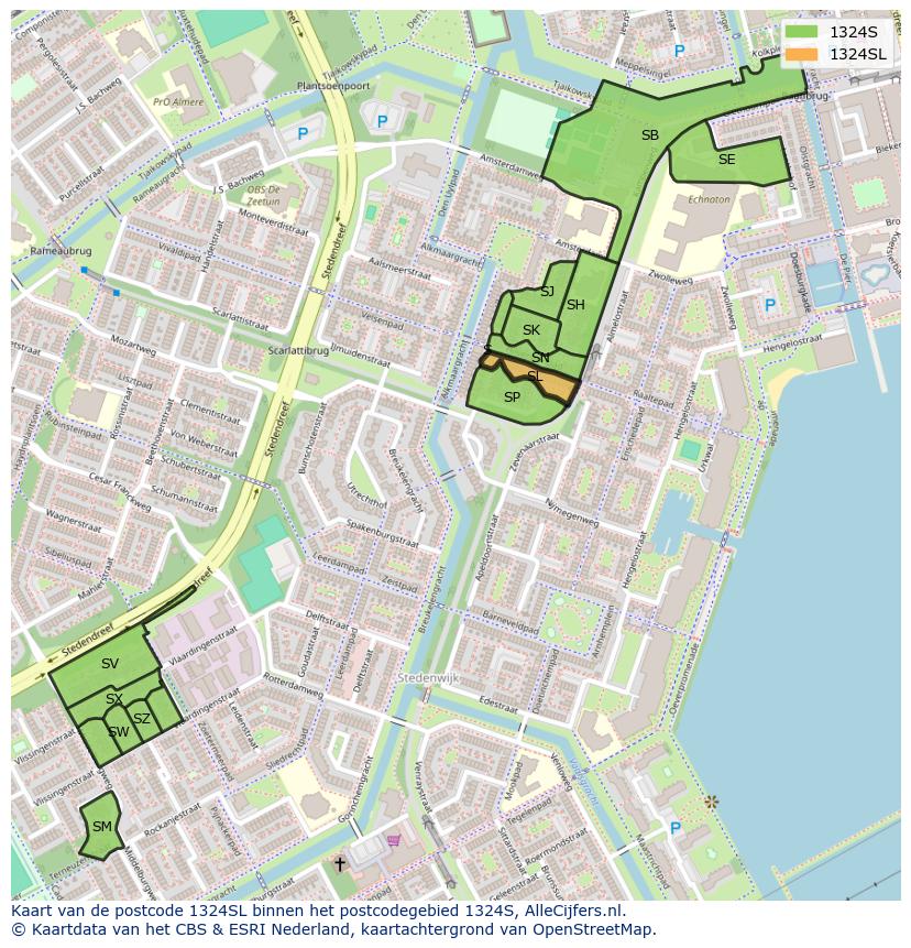 Afbeelding van het postcodegebied 1324 SL op de kaart.