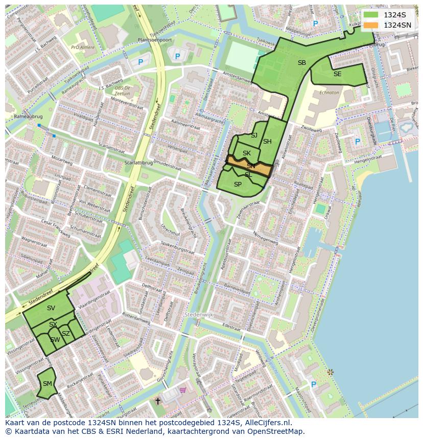 Afbeelding van het postcodegebied 1324 SN op de kaart.