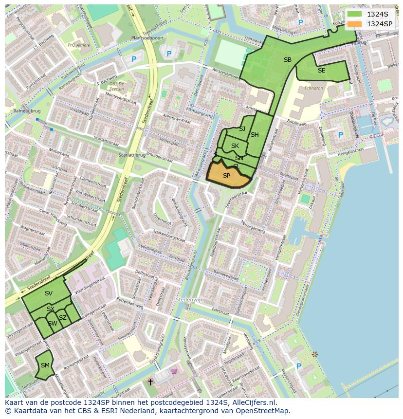 Afbeelding van het postcodegebied 1324 SP op de kaart.