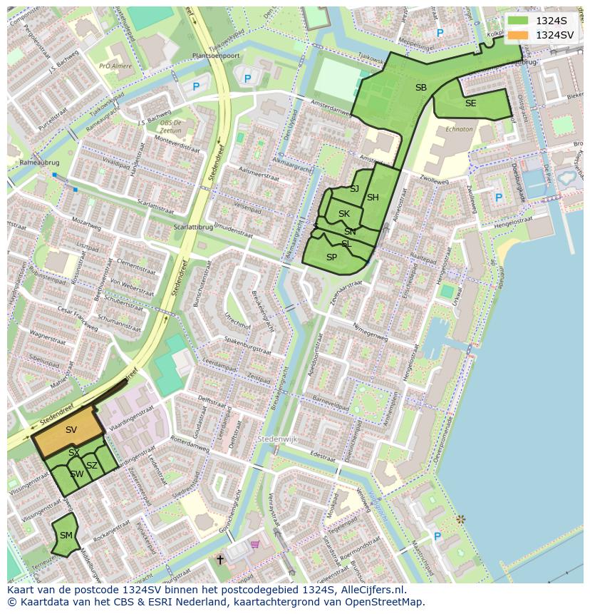 Afbeelding van het postcodegebied 1324 SV op de kaart.