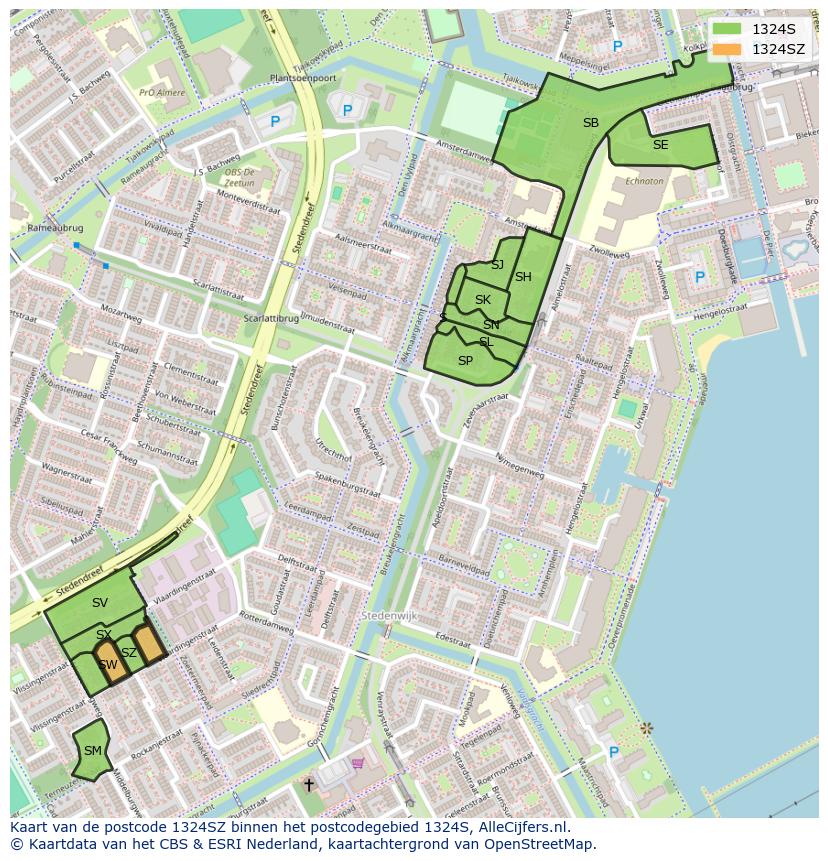 Afbeelding van het postcodegebied 1324 SZ op de kaart.