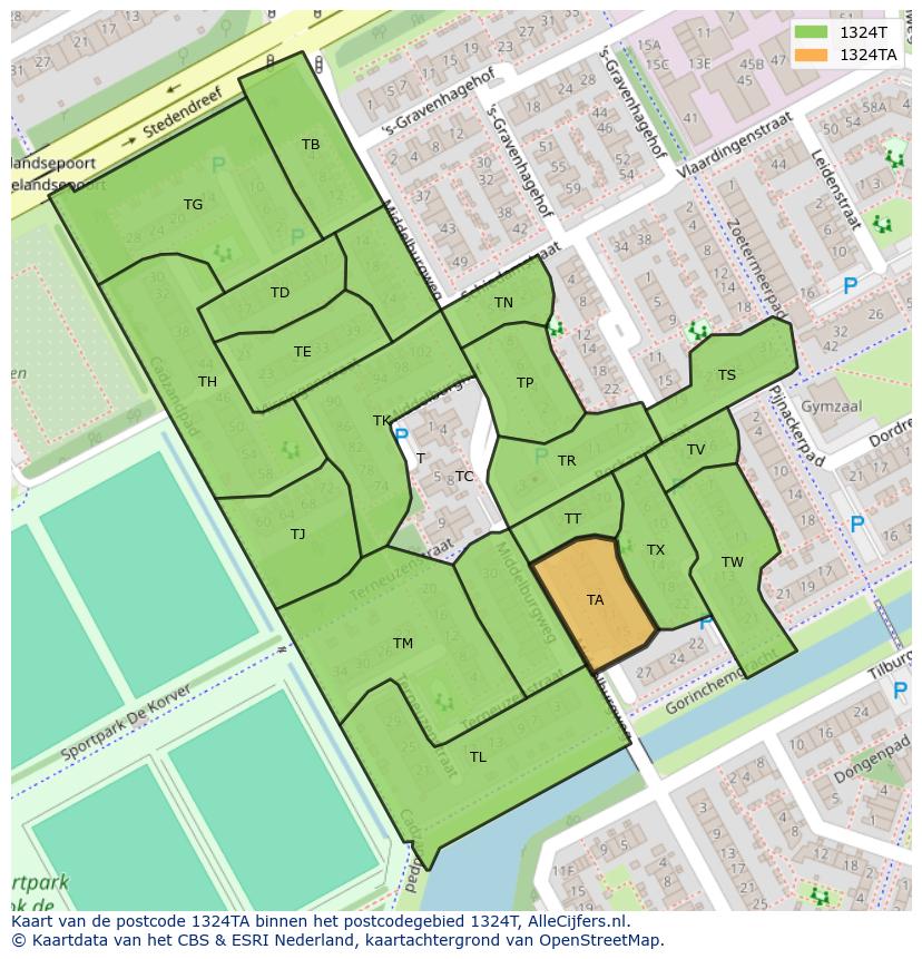 Afbeelding van het postcodegebied 1324 TA op de kaart.