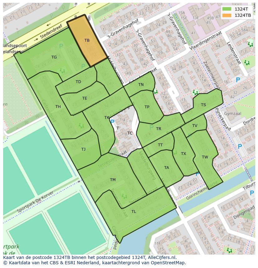 Afbeelding van het postcodegebied 1324 TB op de kaart.