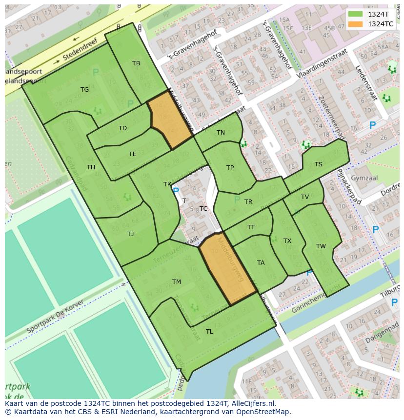 Afbeelding van het postcodegebied 1324 TC op de kaart.