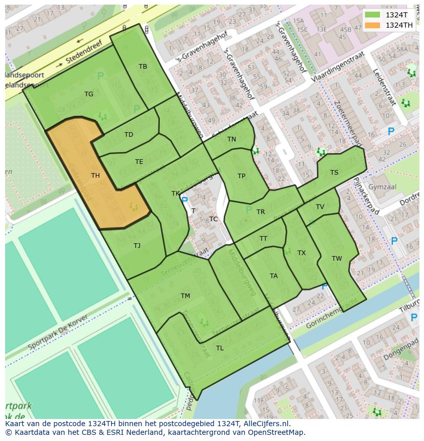 Afbeelding van het postcodegebied 1324 TH op de kaart.