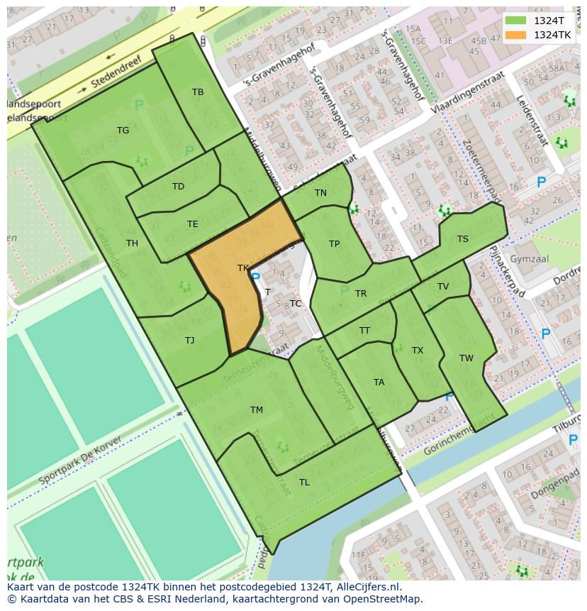 Afbeelding van het postcodegebied 1324 TK op de kaart.