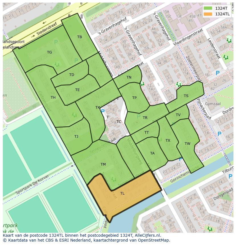 Afbeelding van het postcodegebied 1324 TL op de kaart.