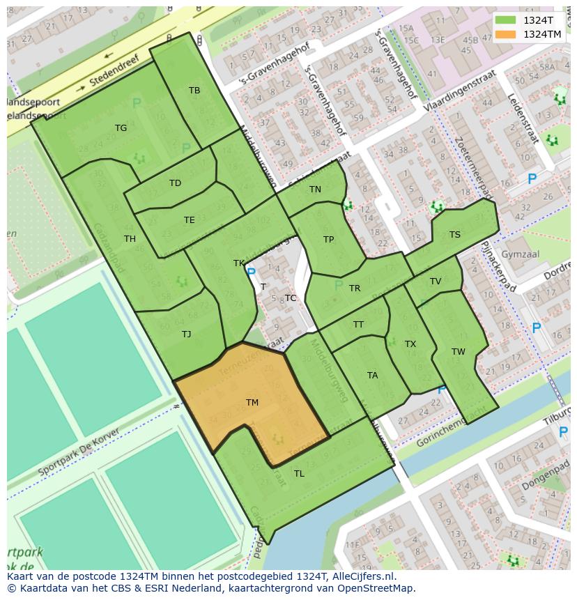 Afbeelding van het postcodegebied 1324 TM op de kaart.