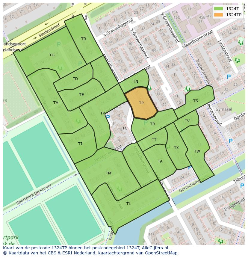 Afbeelding van het postcodegebied 1324 TP op de kaart.