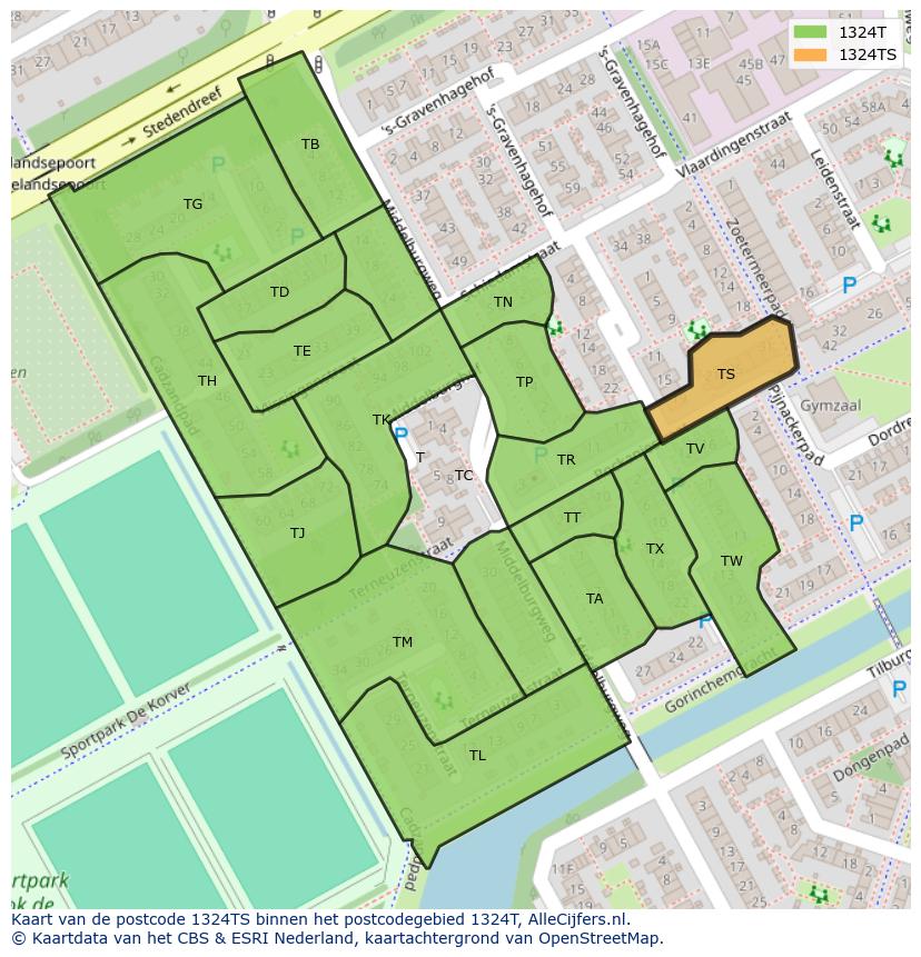 Afbeelding van het postcodegebied 1324 TS op de kaart.