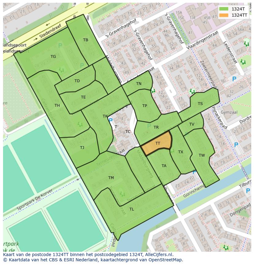Afbeelding van het postcodegebied 1324 TT op de kaart.