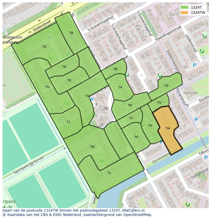 Afbeelding van het postcodegebied 1324 TW op de kaart.
