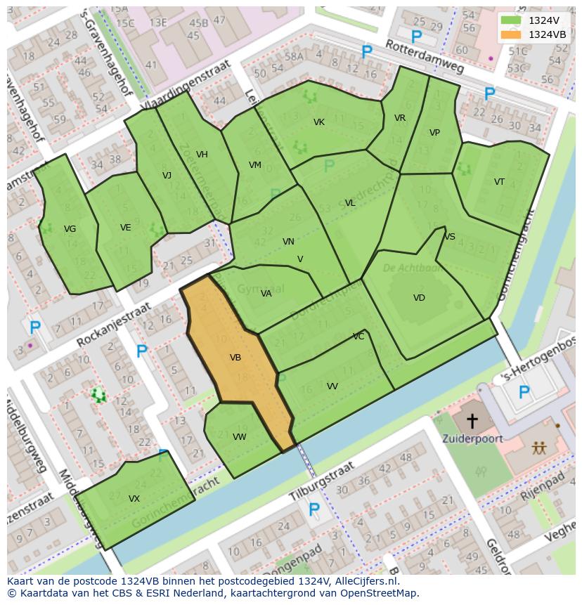 Afbeelding van het postcodegebied 1324 VB op de kaart.