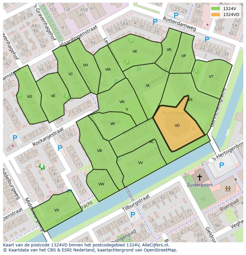 Afbeelding van het postcodegebied 1324 VD op de kaart.