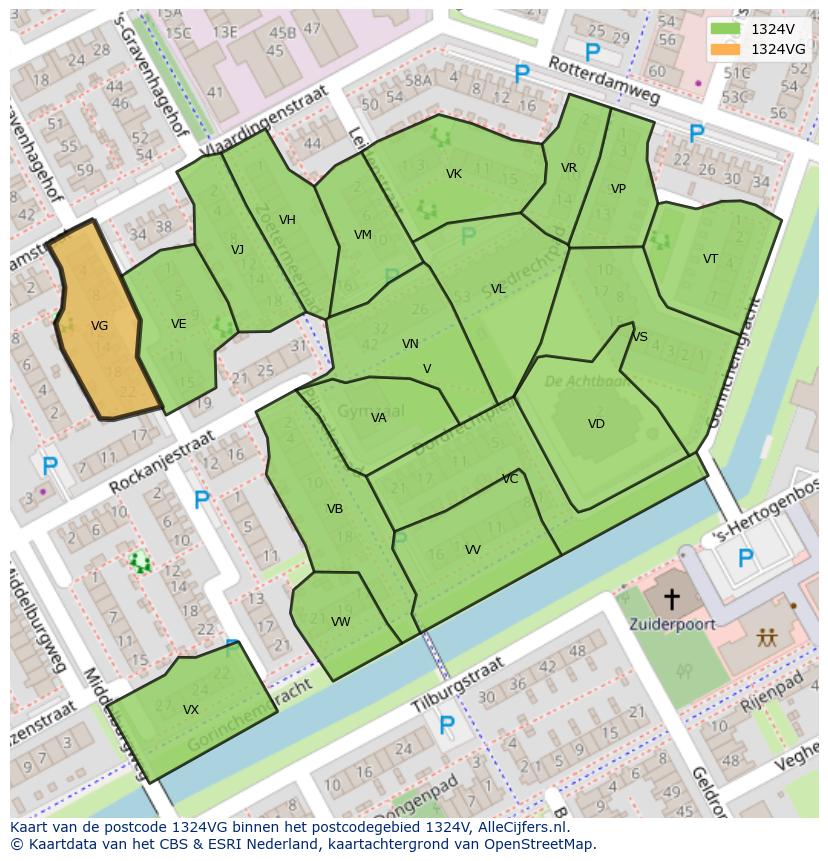 Afbeelding van het postcodegebied 1324 VG op de kaart.