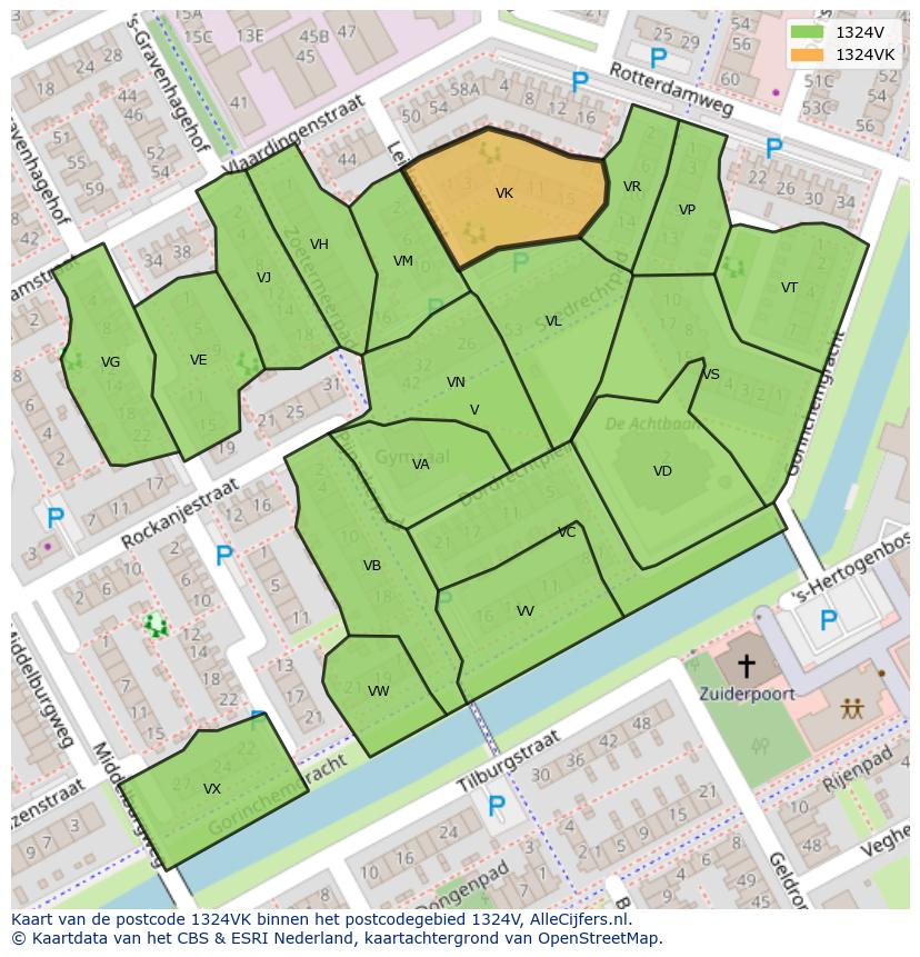 Afbeelding van het postcodegebied 1324 VK op de kaart.