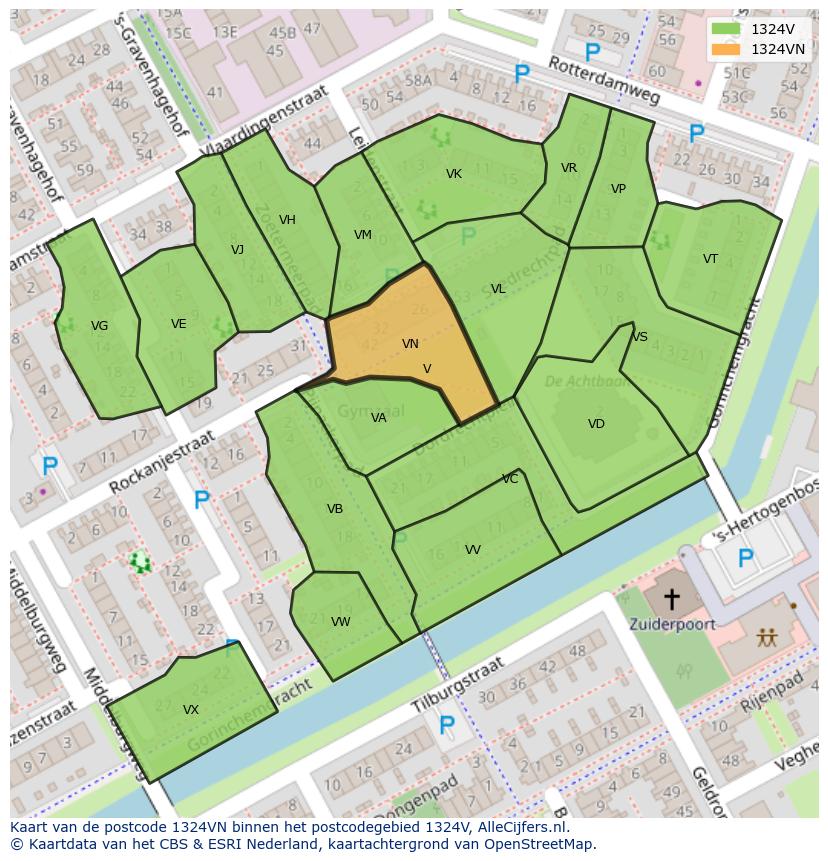 Afbeelding van het postcodegebied 1324 VN op de kaart.