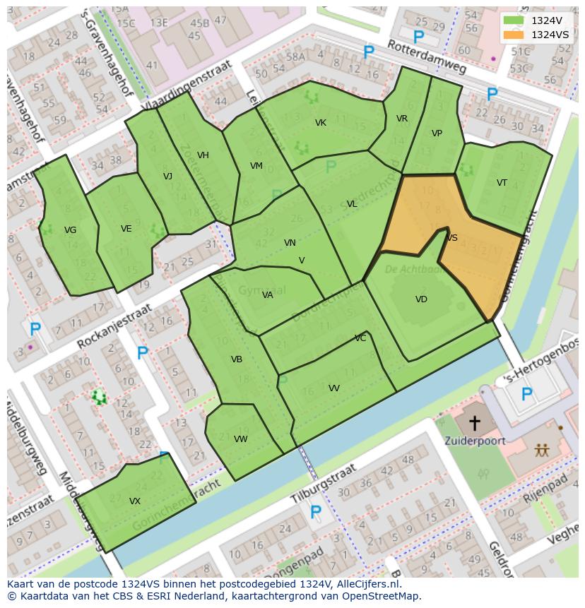 Afbeelding van het postcodegebied 1324 VS op de kaart.