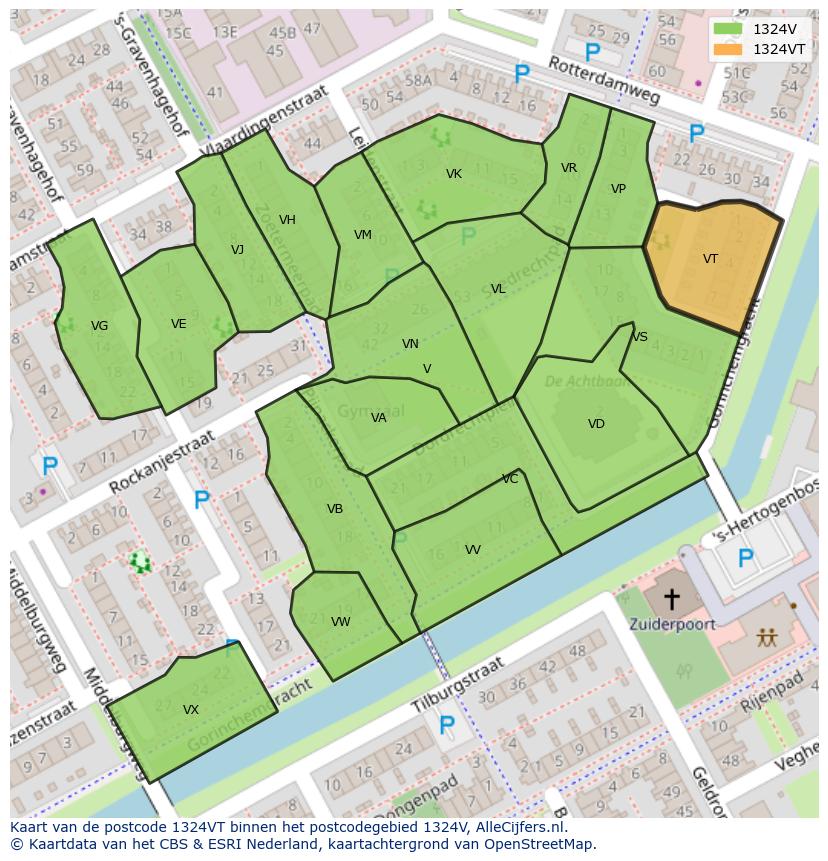 Afbeelding van het postcodegebied 1324 VT op de kaart.