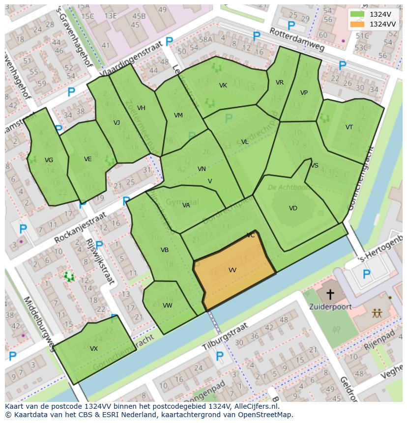 Afbeelding van het postcodegebied 1324 VV op de kaart.