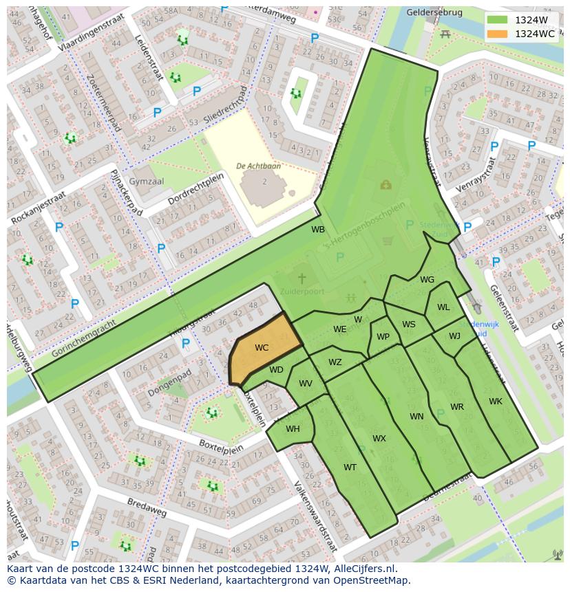 Afbeelding van het postcodegebied 1324 WC op de kaart.