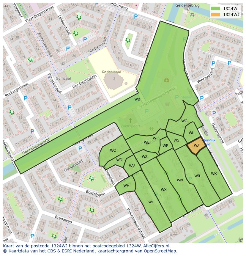 Afbeelding van het postcodegebied 1324 WJ op de kaart.
