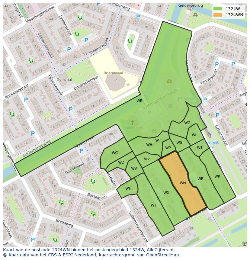 Afbeelding van het postcodegebied 1324 WN op de kaart.