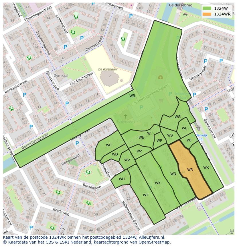 Afbeelding van het postcodegebied 1324 WR op de kaart.