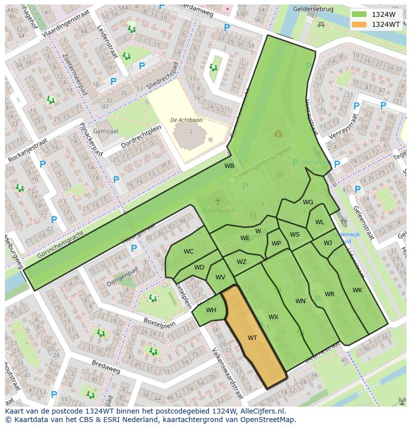 Afbeelding van het postcodegebied 1324 WT op de kaart.