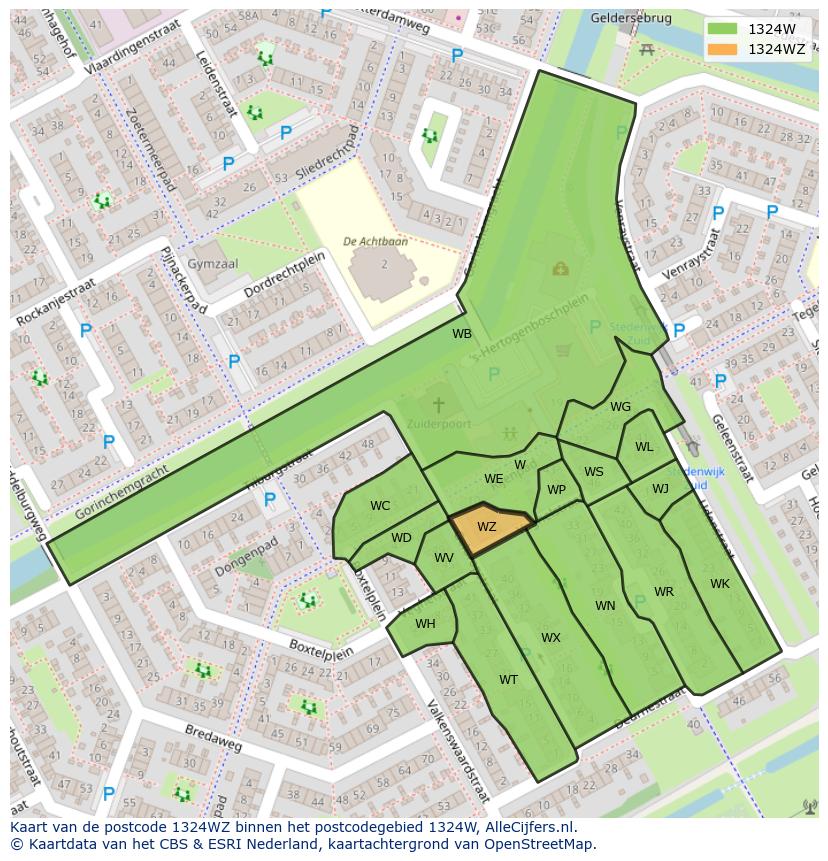 Afbeelding van het postcodegebied 1324 WZ op de kaart.