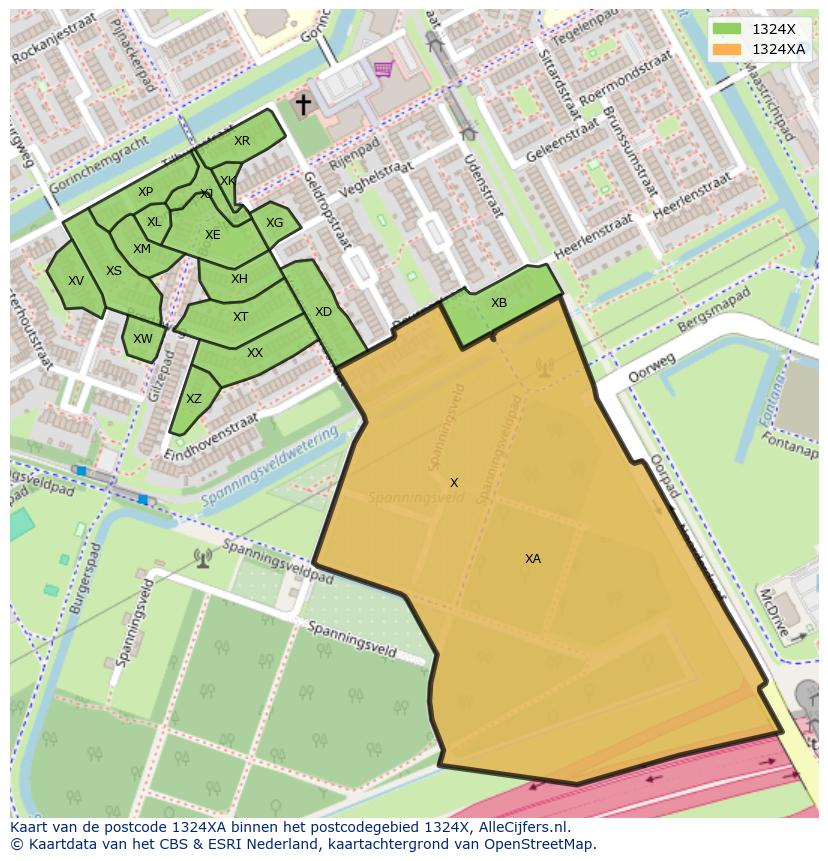 Afbeelding van het postcodegebied 1324 XA op de kaart.