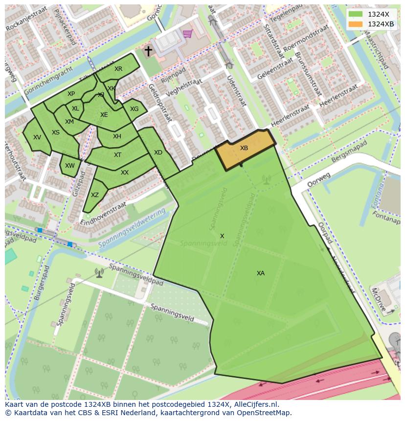 Afbeelding van het postcodegebied 1324 XB op de kaart.