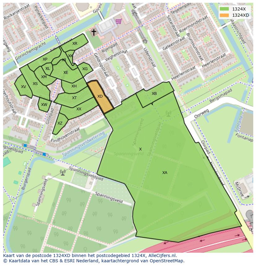 Afbeelding van het postcodegebied 1324 XD op de kaart.