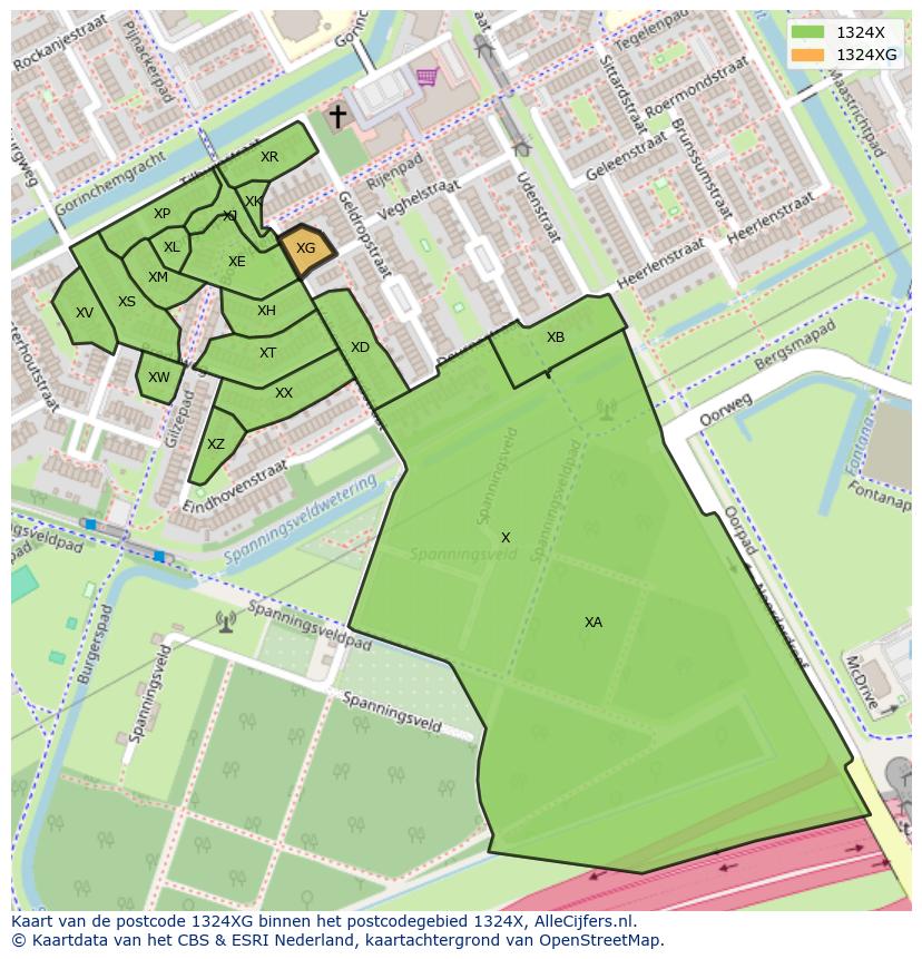 Afbeelding van het postcodegebied 1324 XG op de kaart.