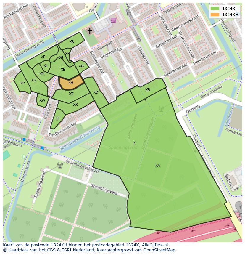 Afbeelding van het postcodegebied 1324 XH op de kaart.