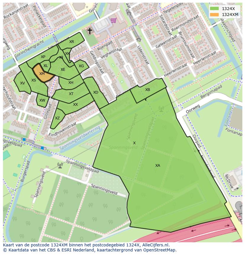 Afbeelding van het postcodegebied 1324 XM op de kaart.