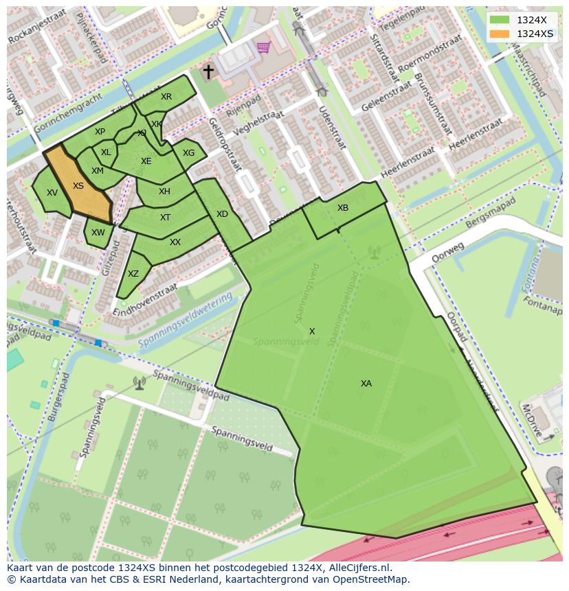 Afbeelding van het postcodegebied 1324 XS op de kaart.