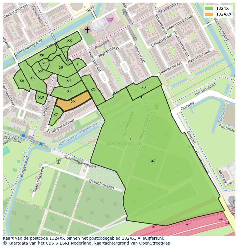 Afbeelding van het postcodegebied 1324 XX op de kaart.