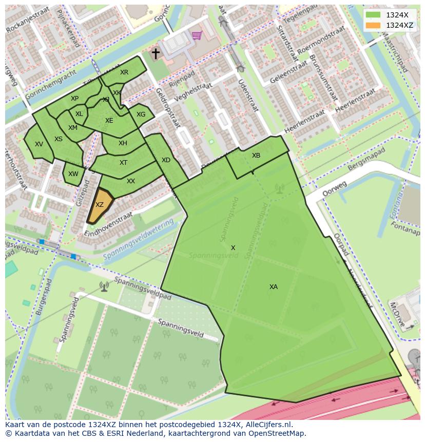 Afbeelding van het postcodegebied 1324 XZ op de kaart.