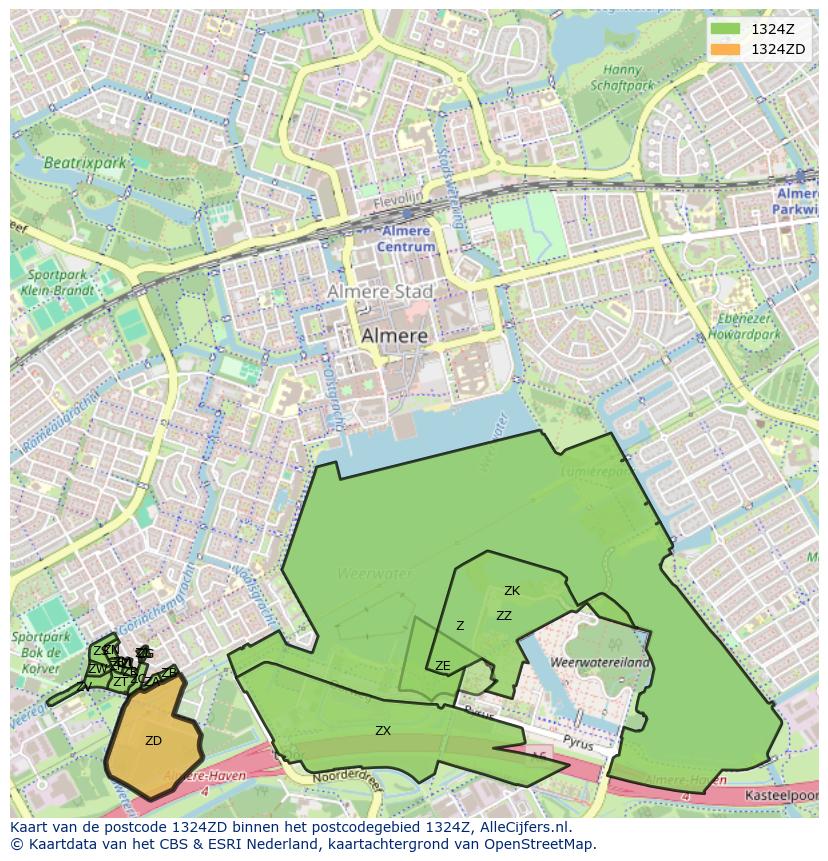 Afbeelding van het postcodegebied 1324 ZD op de kaart.