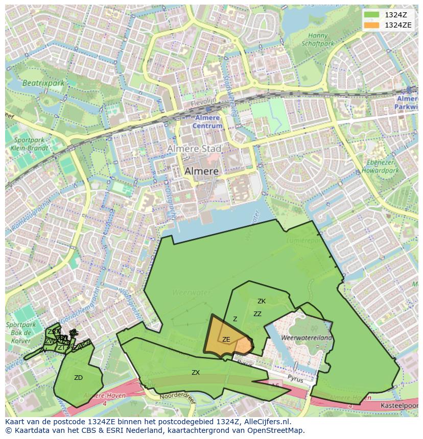 Afbeelding van het postcodegebied 1324 ZE op de kaart.