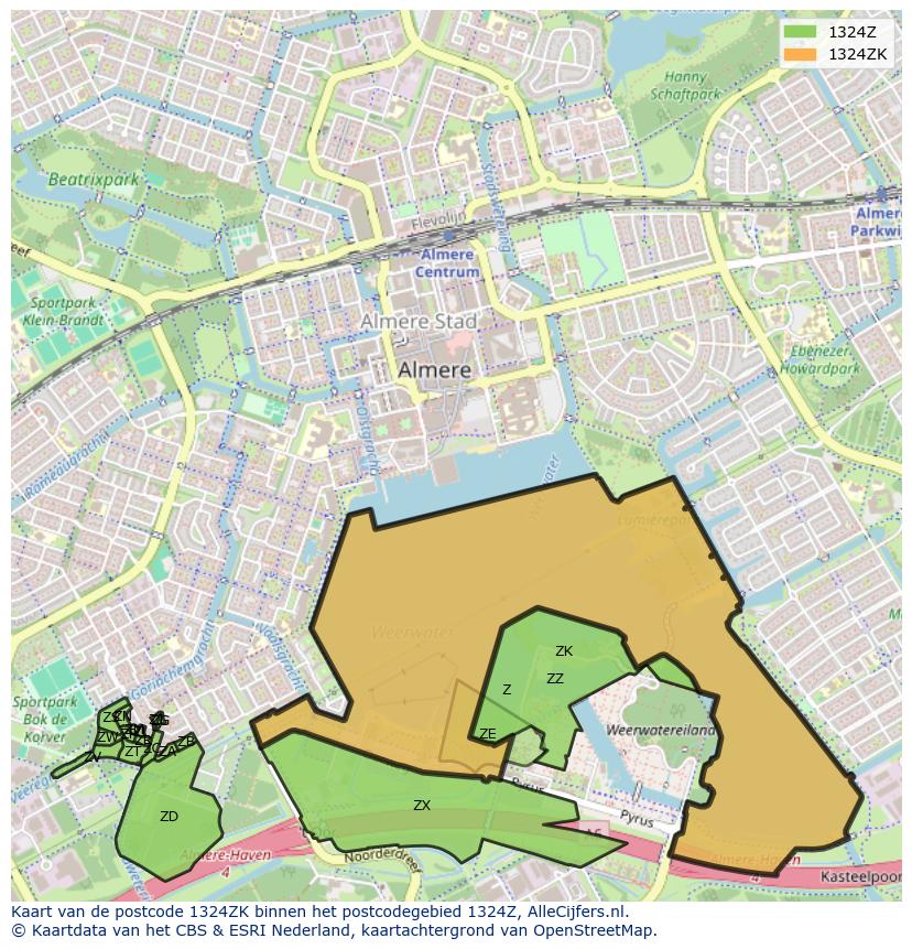 Afbeelding van het postcodegebied 1324 ZK op de kaart.