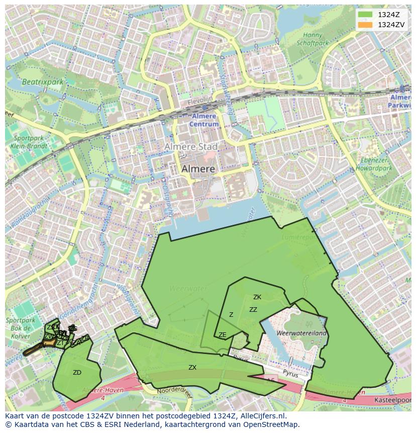 Afbeelding van het postcodegebied 1324 ZV op de kaart.