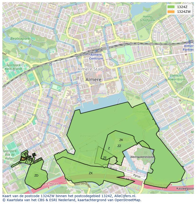 Afbeelding van het postcodegebied 1324 ZW op de kaart.