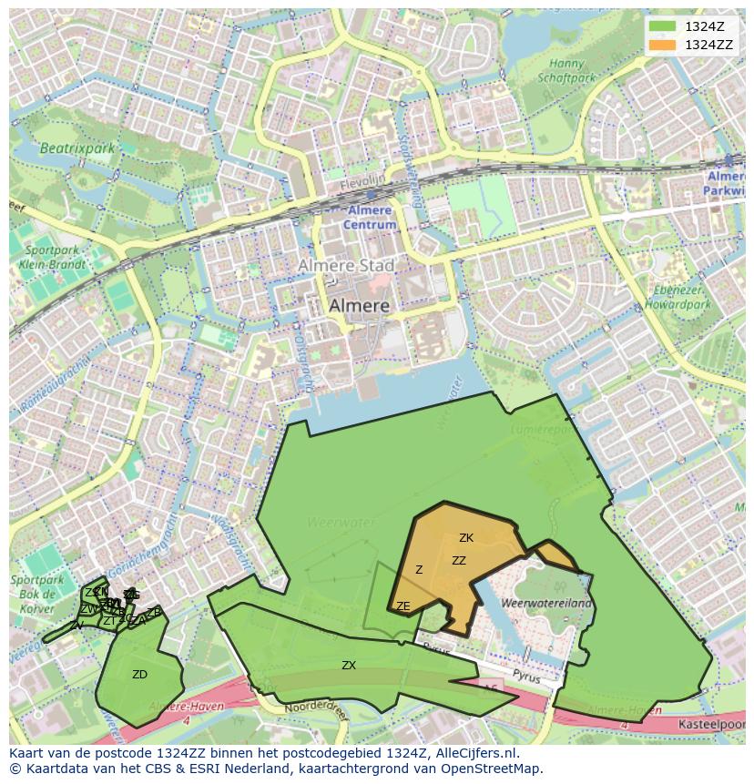 Afbeelding van het postcodegebied 1324 ZZ op de kaart.