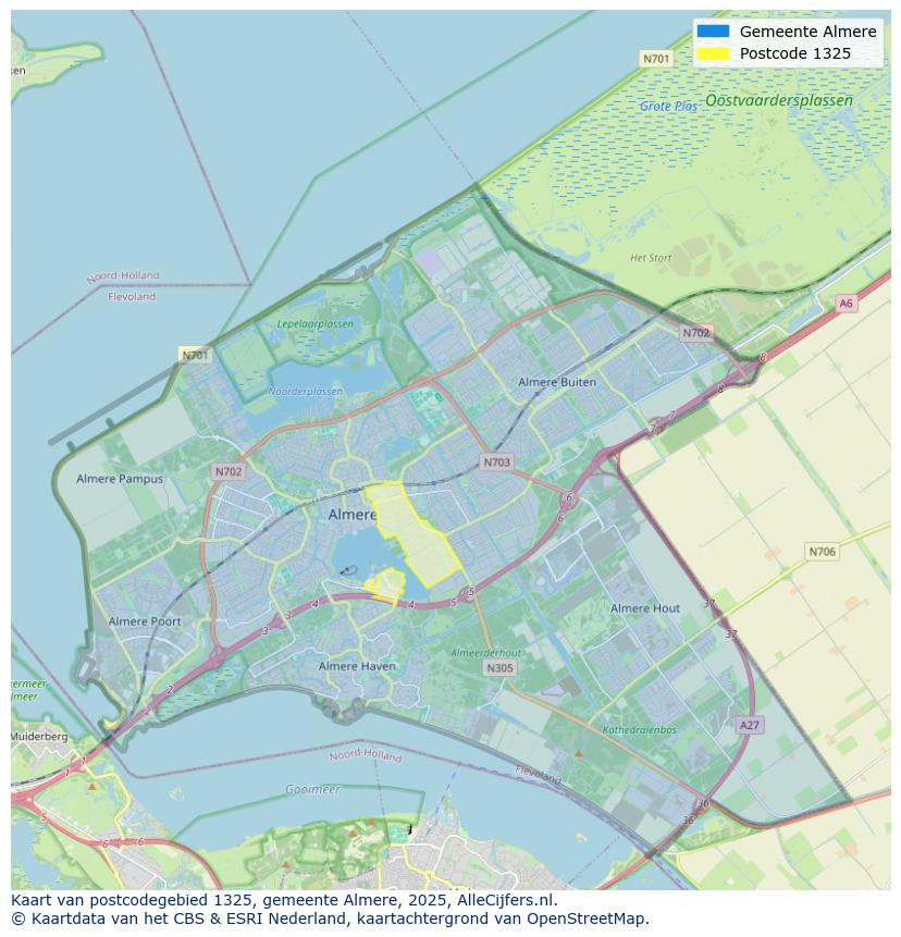 Afbeelding van het postcodegebied 1325 op de kaart.